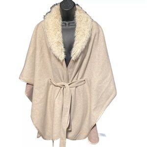 Ann Taylor, cape kimono w/ cinched waste faux fur collar in taupe satin trim.